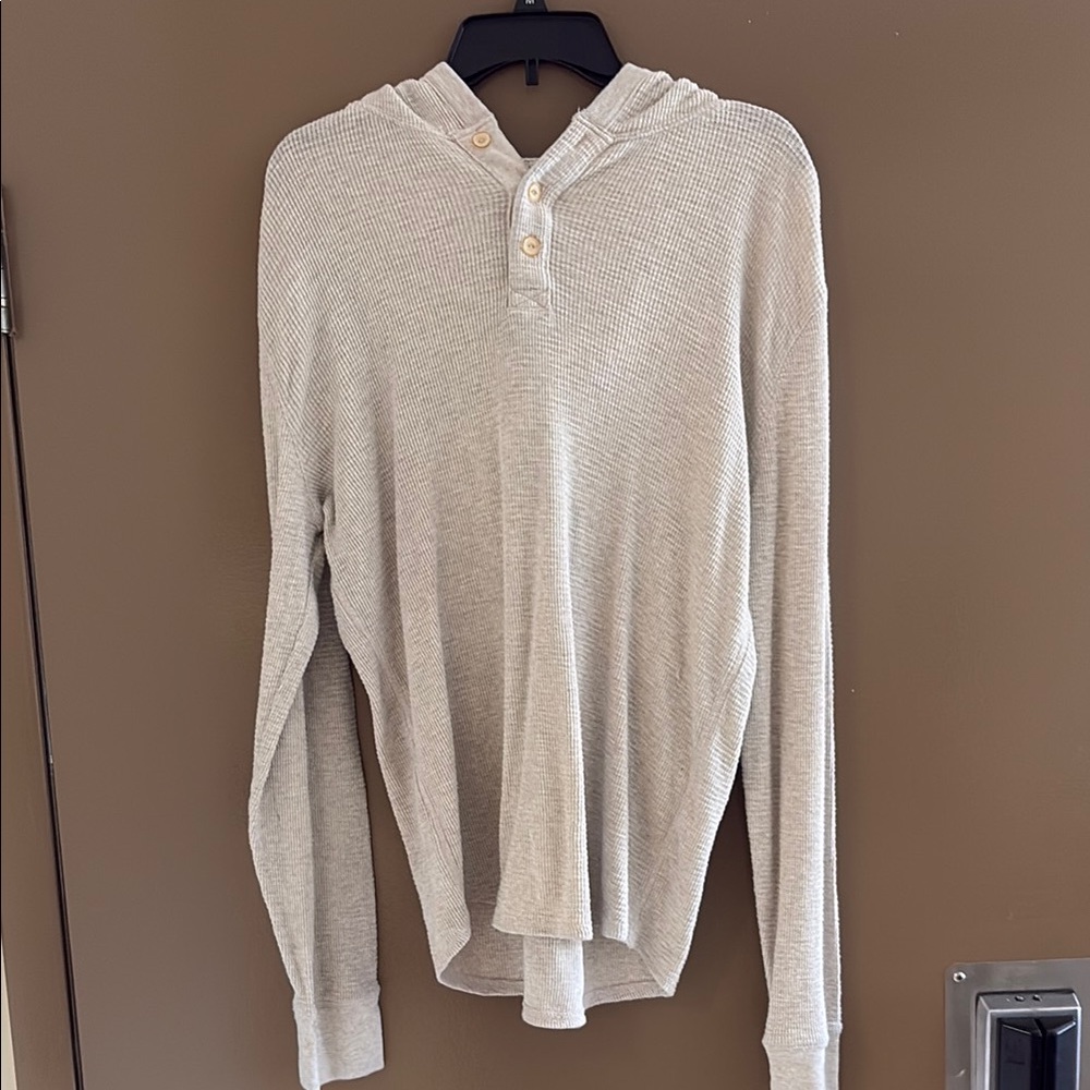Beige Hooded Henley Long Sleeve Top